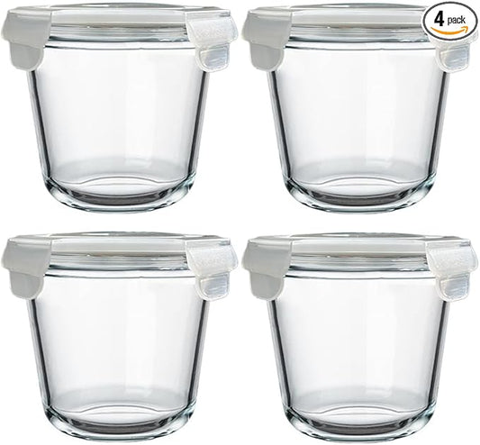 24 Oz Glass Food Storage Container, 3 Cup Round Glass Soup Container with Airtight Lids, Round Food Containers, Leakproof Soup Storage Container, DishwasherMicrowave & Freezer Safe (4 Pack)