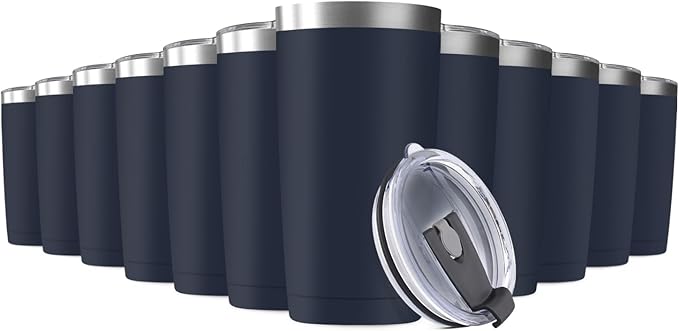 12Pack 20oz Tumbler Vacuum Insulated Travel Mug with Lids, Stainless Steel Double Wall Bulk Cup for Home, Office, Outdoor Suitable for Vehicle Cup Holders （Navy）