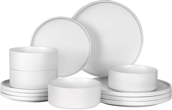 GZG Classic Series - Plates and Bowls Set for 4, 12 Piece Stoneware Dinnerware Sets, Microwave and Dishwasher Safe Lead-Free Handcrafted Ceramic Dishes Set - Ivory White
