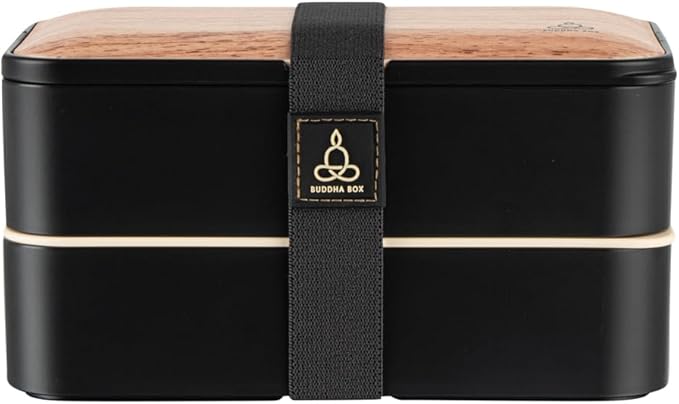 Restaurantware Bento Tek 40.5 Ounces Stackable Lunch Box 1 Reusable Adult Lunch Container - With Utensils Sauce Cup Wood Grain & Black Plastic Layered Lunch Box Microwavable Dishwashable