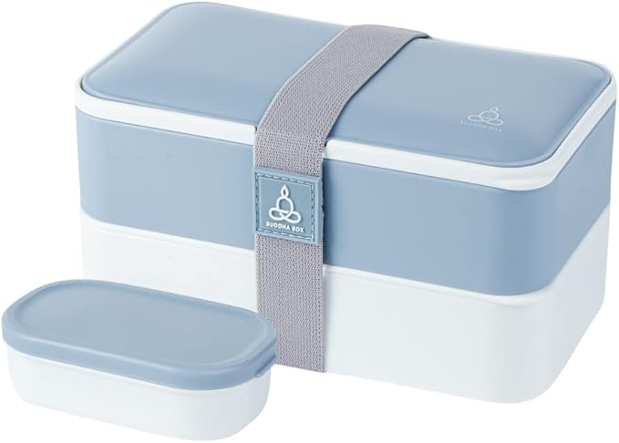 Restaurantware Bento Tek 40.5 Ounces Stackable Lunch Box 1 Reusable Adult Lunch Container - With Utensils Included Sauce Cup Blue & White Plastic Layered Lunch Box Microwavable Dishwashable