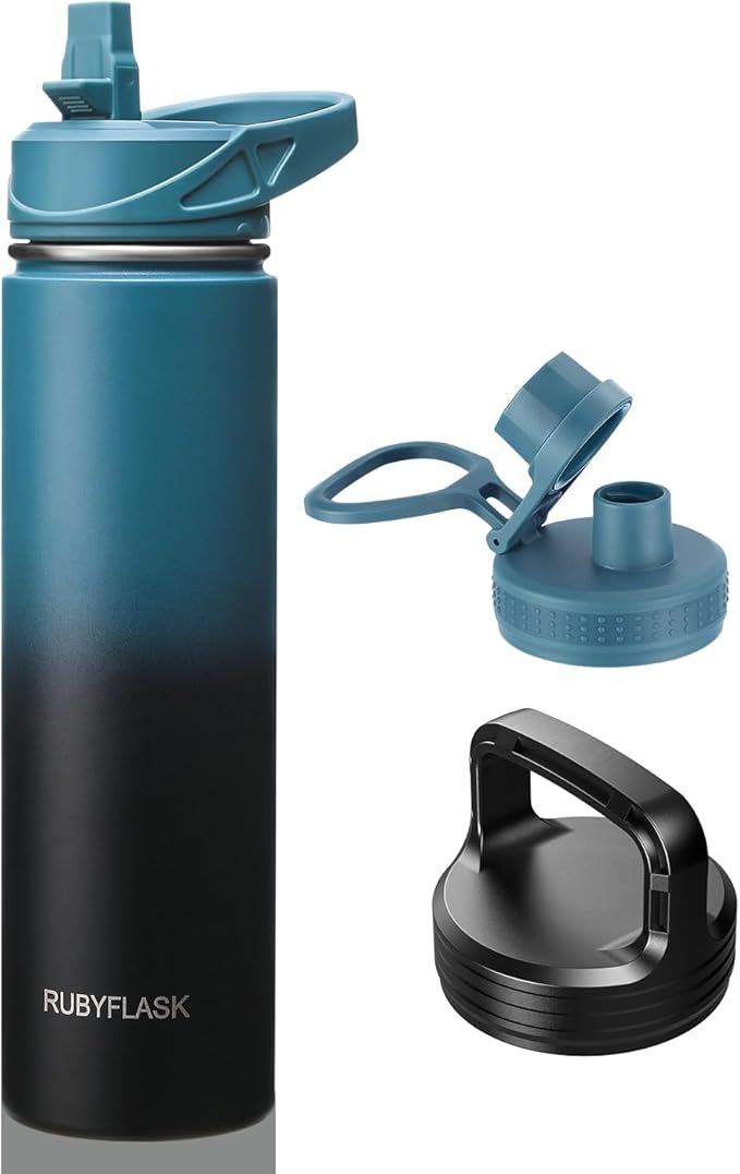 24oz Insulated Water Bottle with Straw, Stainless Steel Metal Vacuum Water Flask, Large Thermal Water bottle with Leakproof 3 Lids for Travel, Camping, Gym Sports Indigo Black
