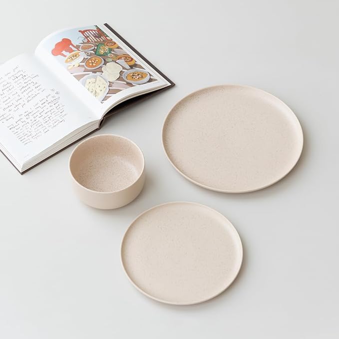 Stoneware Plates and Bowls Set - 12pcs Reactive Glazed Dinnerware Service for 4, Scratch & Chip Resistant (Oat Beige)