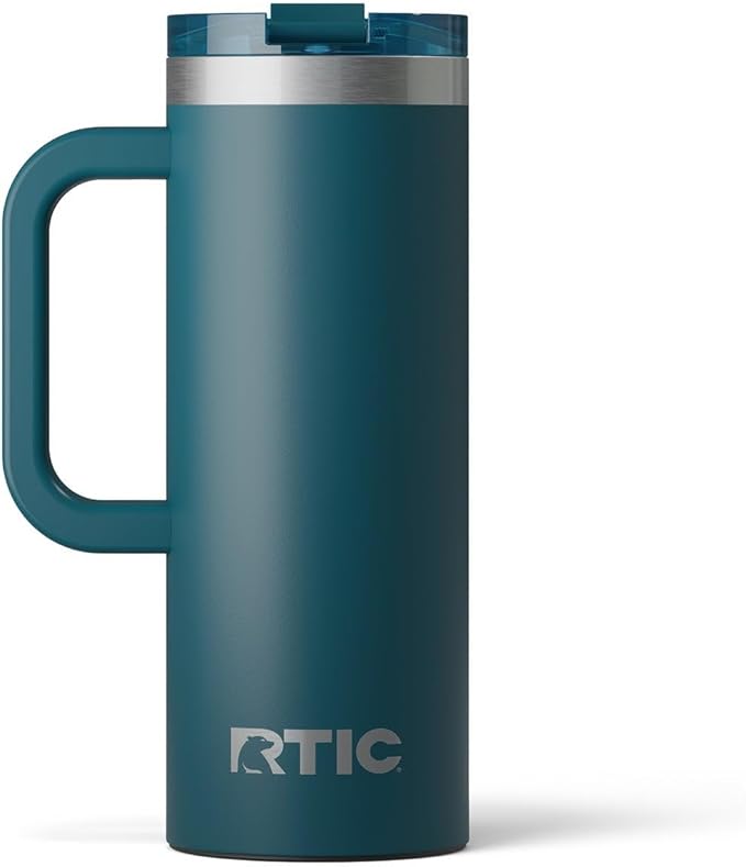 RTIC 20oz Road Trip Travel Mug with Lid and Handle, Ceramic Lined, Insulated, Stainless Steel, Metal, Double Wall Vacuum-Insulation, Portable Coffee, Tea Cup for Hot and Cold Drink, Marine