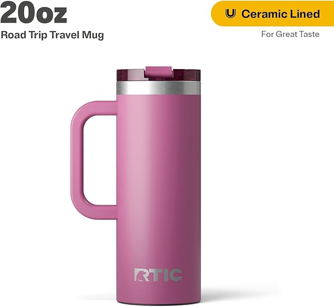 RTIC 20oz Road Trip Travel Mug with Lid and Handle, Ceramic Lined, Insulated, Stainless Steel, Metal, Double Wall Vacuum-Insulation, Portable Coffee, Tea Cup for Hot and Cold Drink, Orchid