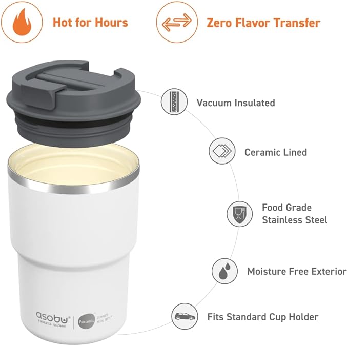 asobu Travel Mug Ceramic Coated Stainless Steel Insulated with Leak and Spill Proof Lid – Fits Standard Cup Holders 12 oz Tumbler (White)