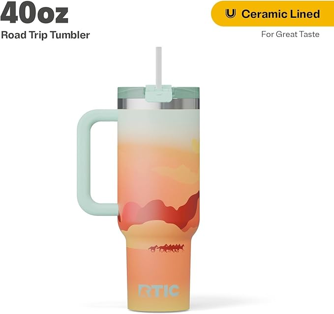 RTIC 40 oz Road Trip Tumbler Double-Walled Cermaic Lined Insulated Stainless Steel Portable Travel Coffee Mug Cup with Lid, Handle and Straw, Desert Sunset