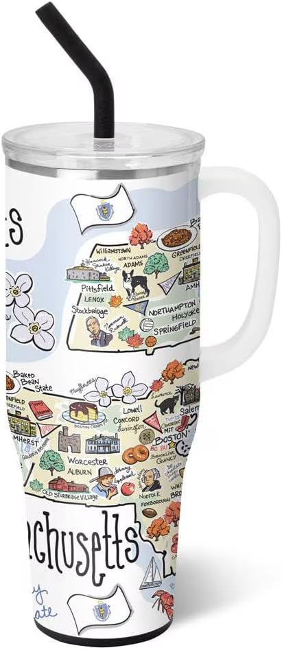 Swig Life 40oz Mega Mug, 40oz Tumbler with Handle and Straw, Extra Large Insulated Tumblers, Cup Holder Friendly Travel Mug (Massachusetts)