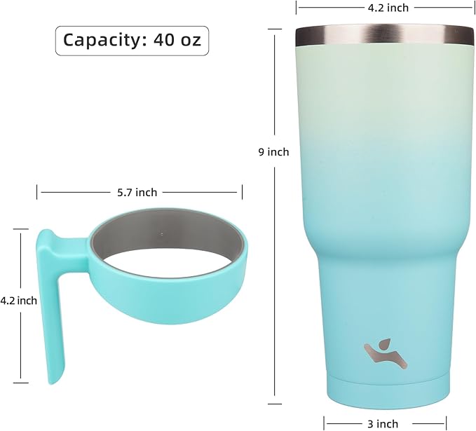 40 oz Tumbler with Handle and 2 Straw 2 Lid, Insulated Water Bottle Stainless Steel Vacuum Cup Reusable Travel Mug, Mint
