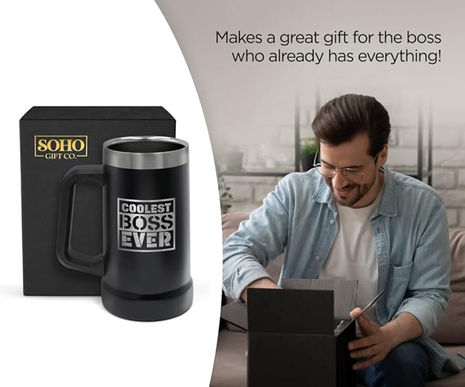 GALVANOX Stainless Steel Beer Mug Gift for Boss - Insulated XL 24oz Large Beer Stein Cup with Handle for Christmas/Office Appreciation Day, Gift Boxed “Coolest Boss Ever”