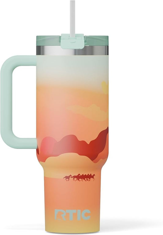 RTIC 40 oz Road Trip Tumbler Double-Walled Cermaic Lined Insulated Stainless Steel Portable Travel Coffee Mug Cup with Lid, Handle and Straw, Desert Sunset