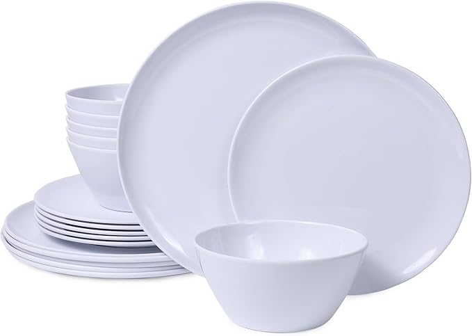 Melamine Dinnerware Sets,18-piece Melamine Plates and Bowls Set, Unbreakable Dishes Set for 6, Dishwasher Safe,Indoor and Outdoor Use,Lightweight,White
