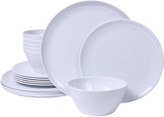 Melamine Dinnerware Sets,18-piece Melamine Plates and Bowls Set, Unbreakable Dishes Set for 6, Dishwasher Safe,Indoor and Outdoor Use,Lightweight,White