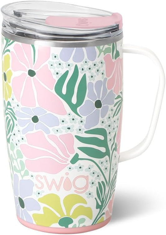 Swig Life 18oz Travel Mug, Insulated Tumbler with Handle and Lid, Cup Holder Friendly, Dishwasher Safe, Stainless Steel, Travel Coffee Cup (Garden Party)