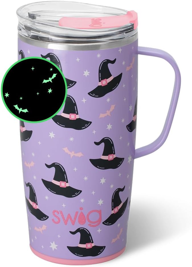 Swig Life 22oz Travel Mug, Halloween Insulated Tumbler with Handle and Lid, Travel Coffee Mug, Cup Holder Friendly, Stainless Steel 22 oz Tumbler, Reusable Insulated with Lid (Spellbound)