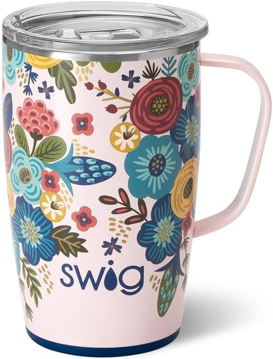 Swig Life 18oz Travel Mug, Insulated Tumbler with Handle and Lid, Cup Holder Friendly, Dishwasher Safe, Stainless Steel, Travel Coffee Cup (Bella Rosa)
