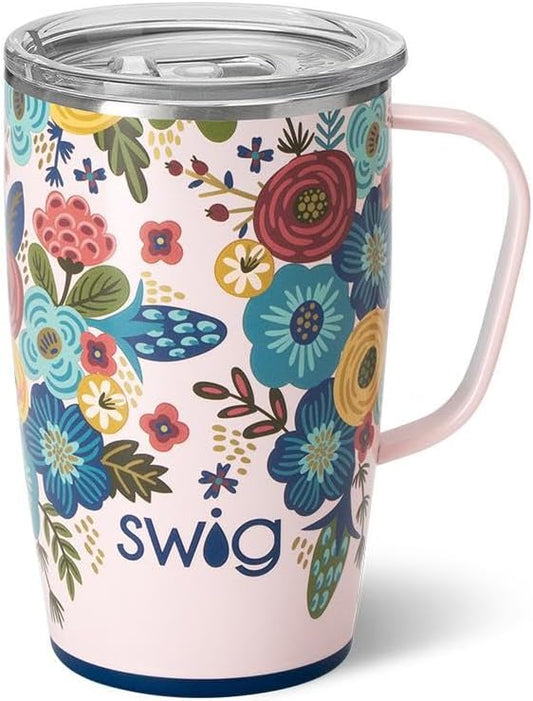 Swig Life 18oz Travel Mug, Insulated Tumbler with Handle and Lid, Cup Holder Friendly, Dishwasher Safe, Stainless Steel, Travel Coffee Cup (Bella Rosa)