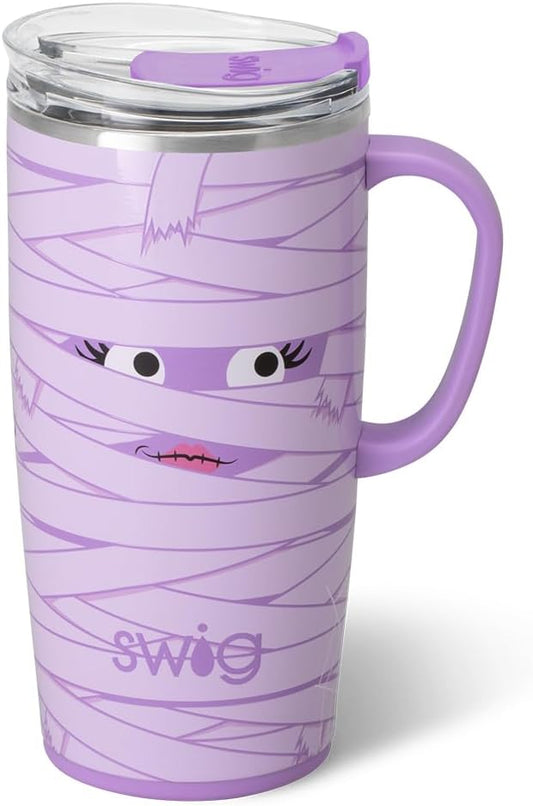 Swig Life 22oz Travel Mug, Halloween Insulated Tumbler with Handle and Lid, Travel Coffee Mug, Cup Holder Friendly, Stainless Steel 22 oz Tumbler, Reusable Insulated with Lid (Boo Crew Mummy)