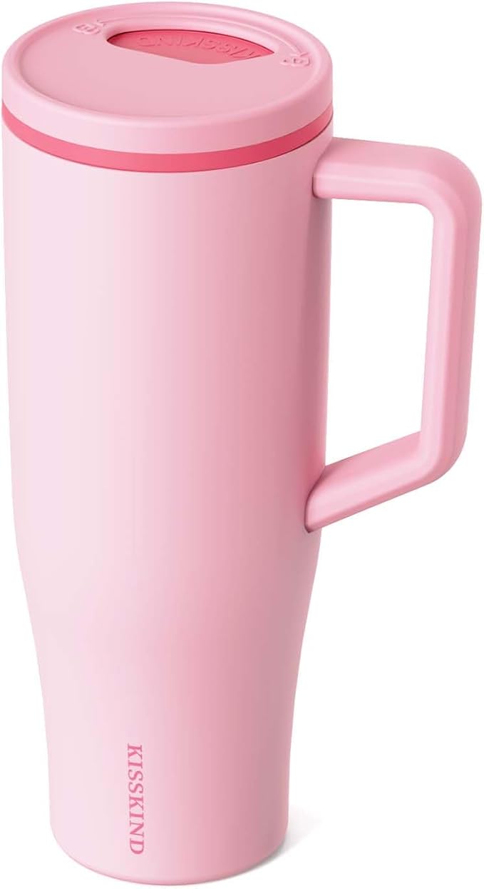KISSKIND 40 oz Tumbler with Handle and Straw | Lumi Spin Hidden Straw 100% Leakproof Insulated Tumbler | Stainless Steel Water Bottle for Mom, Nurse, Teacher | Pink