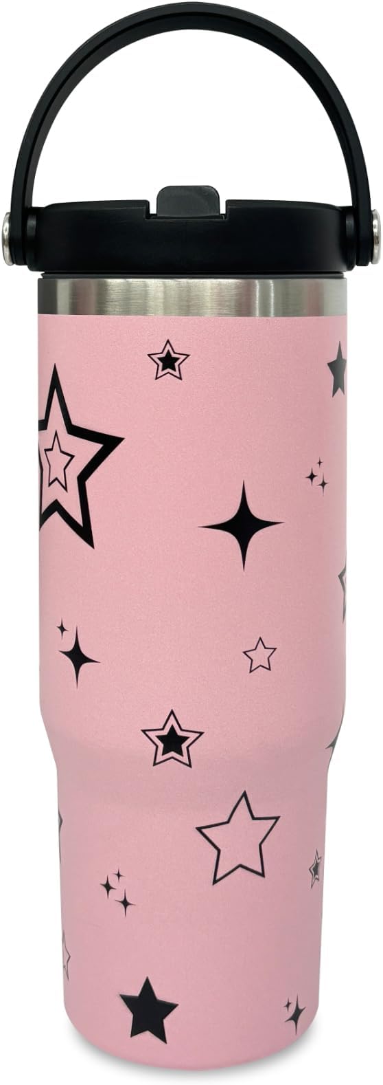 30 oz Tumbler with Handle and Straw, Vacuum Insulated Tumblers with Flip Straw and Top Handle, Leakproof Tumbler, Stainless Steel Travel Mug for Coffee Water, Cold for 20 Hours(Pink Star)