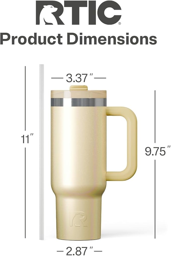 RTIC 30 oz Road Trip Tumbler Double-Walled Ceramic Lined InsulatedStainless Steel Portable Travel Coffee Mug Cup with Lid, Handle and Straw, Sunlight Glitter