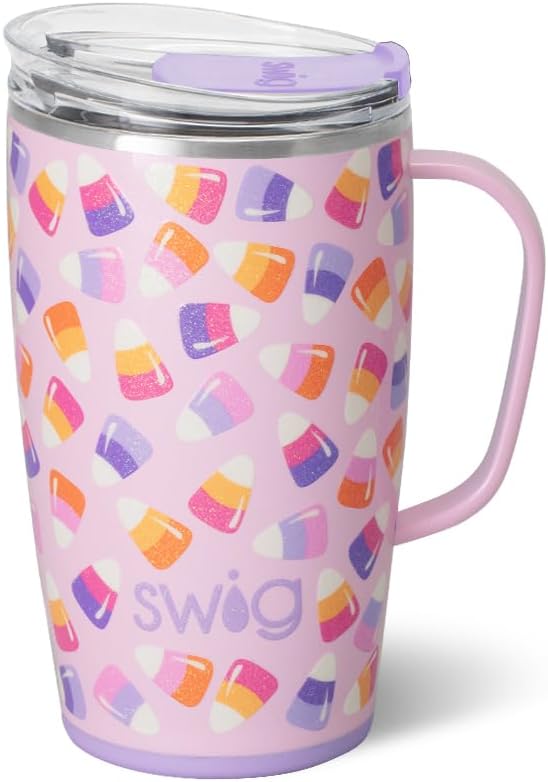 Swig Life 18oz Travel Mug, Halloween Insulated Tumbler with Handle and Lid, Travel Coffee Mug, Cup Holder Friendly, Stainless Steel 18 oz Tumbler, Reusable Insulated with Lid (Candy Corn)