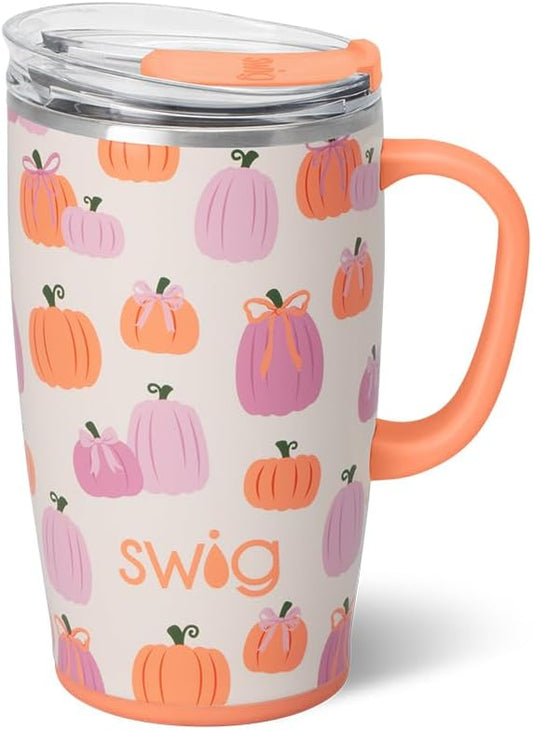 Swig Life 18oz Travel Mug, Insulated Tumbler with Handle and Lid, Travel Coffee Mug, Cup Holder Friendly, Stainless Steel 18 oz Tumbler, Reusable Insulated with Lid (Pumpkins and Bows)
