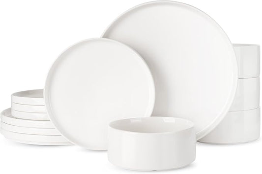 Famiware Porcelain Dinnerware Set, 12-Piece Modern Plate and Bowl Set, Dish Set for 4, Microwave and Dishwasher Safe Tableware, White