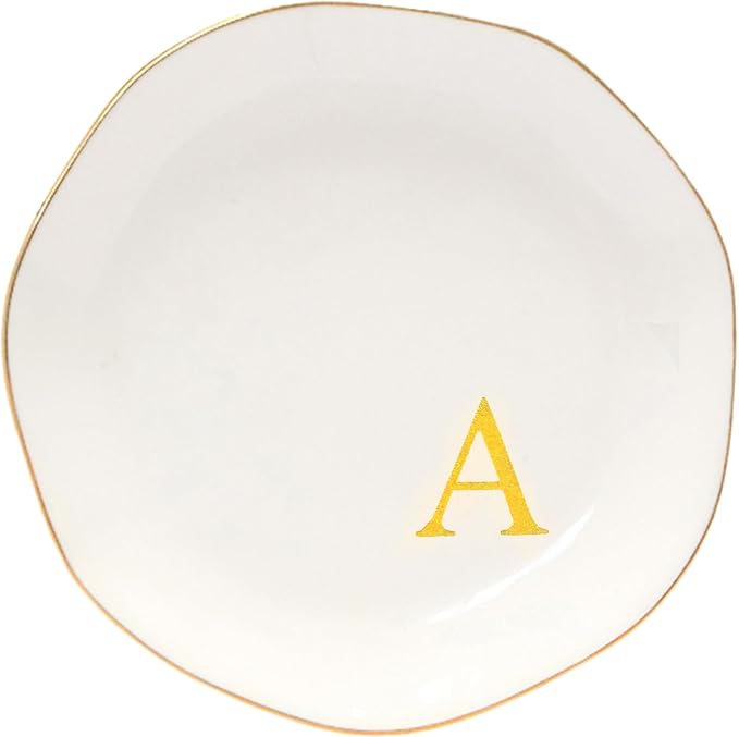 Ceramic Jewelry Tray Initial Ring Dish Personalized A-Monogrammed Engagement Wedding Gifts, for Birthday Mother's Day Christmas for Women, Ceramic White 4.75" (A)
