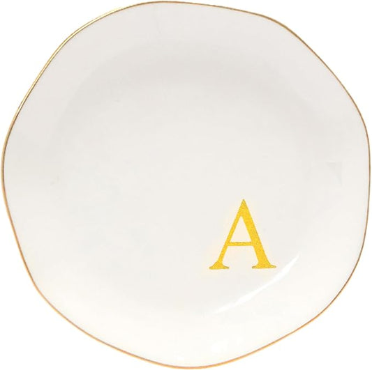 Ceramic Jewelry Tray Initial Ring Dish Personalized A-Monogrammed Engagement Wedding Gifts, for Birthday Mother's Day Christmas for Women, Ceramic White 4.75" (A)