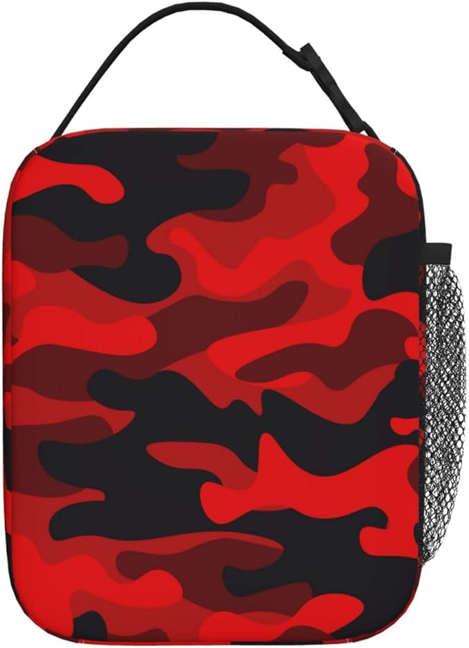 SUPLUCHOM Lunch Box Military Camouflake Camo Red Black Insulated Bag Reusable with Side Pocket for Work School Picnic Hiking Daytrip Kids boy Student Over 3 Years Old