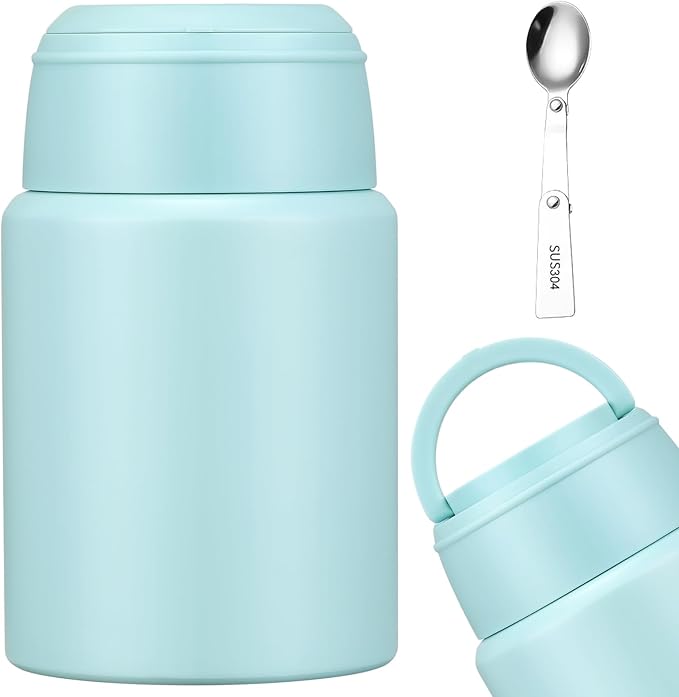 17oz Soup Thermo for Hot Food Kids Insulated Food Jar,Thermo Hot Food Lunch Container, Width Mouth Stainless Steel Lunch Box for Kids with Handle Folding Spoon(Ice Blue - Pure)