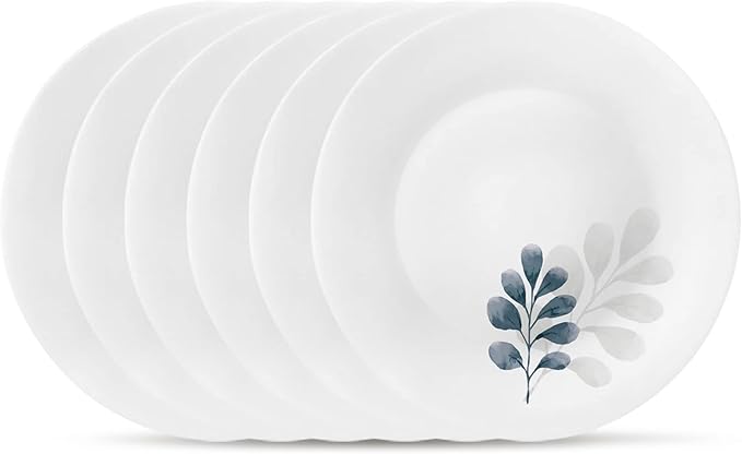 Bormioli Rocco White Moon Botanica Blue, Set Of 6, 7.75" Dessert Plates, Tempered Opal Glass Dishes, Dishwasher & Microwave Safe, Made In Spain.