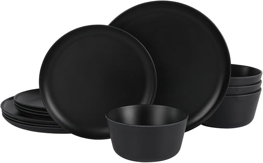 Gibson Home Fairhope 12-Piece Matte Black Melamine Dinnerware Set – Durable Lightweight Plates and Bowls, Kitchen Dining Set