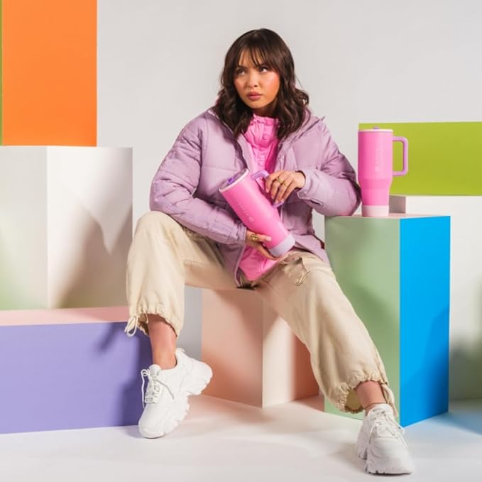 HydroJug Traveler - 40 oz Water Bottle with Handle & Flip Straw - Fits in Cup Holder, Leak Resistant Tumbler-Reusable Insulated Stainless Steel & Rubber Base - Gifts for Women & Men, Pink Sugar