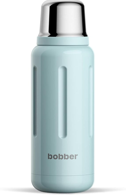 BOBBER 34 oz Stainless Steel Travel Thermos for Hot and Cold Drinks – Dishwasher Safe Metal Water Bottle with Cup Lid – Keeps Hot for 48 Hours – BPA-Free, Vacuum Insulated (Light Blue)