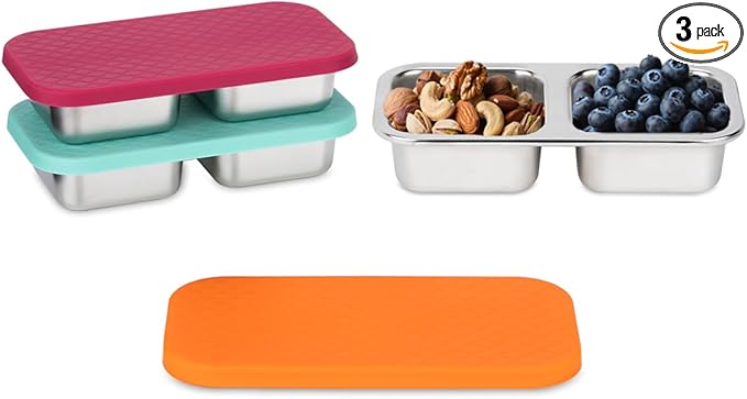 3 Pack Stainless Steel Snack Containers, 2 Compartment Snack Containers with Lids, Reusable Food Storage Containers for Travel, Outdoor, Camping(Orange/Red/Blue)