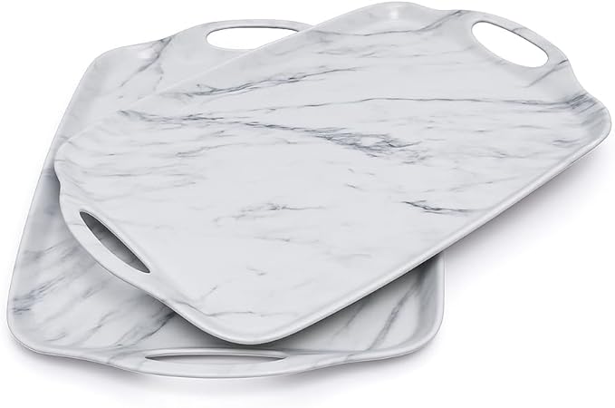 TP Serving Trays with Handles, 17 Inch Large Rectangular Melamine Serving Platter Set of 2, White Marble