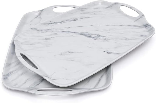 TP Serving Trays with Handles, 17 Inch Large Rectangular Melamine Serving Platter Set of 2, White Marble
