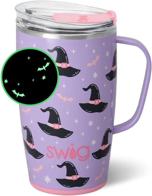 Swig Life 18oz Travel Mug, Halloween Insulated Tumbler with Handle and Lid, Travel Coffee Mug, Cup Holder Friendly, Stainless Steel 18 oz Tumbler, Reusable Insulated with Lid (Spellbound)