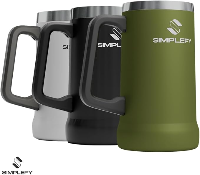 Adventure Beer Stein Mug with Big Grip Handle 24oz Insulated Stainless Steel Tumbler with Large Grip Handle, Keeps Beer Cold for Hours, BPA-Free, Holds 2 Cans, Durable Party Drink Cup