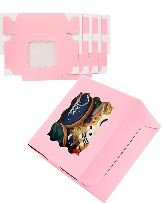 qiqee Pink Bakery Box with Window 100packs 6x6x3 Pink Cookie Boxes Pastry Box for Wedding Favor Birthday ＆ Party