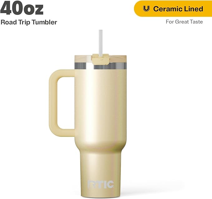 RTIC 40 oz Road Trip Tumbler Double-Walled Cermaic Lined Insulated Stainless Steel Portable Travel Coffee Mug Cup with Lid, Handle and Straw, Sunlight Glitter