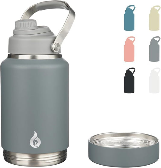 BJPKPK 64oz Insulated Water Bottles, Dishwasher Safe Half gallon Water Bottle with Metal Handle, BPA Free Spout Lid & Detachable Bowl, Large Stainless Steel Jugs, Grey
