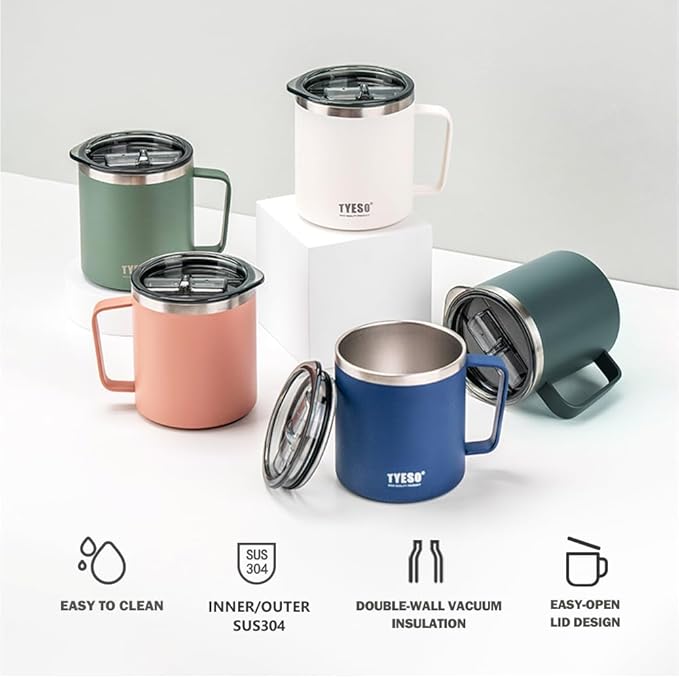 TYESO 14 oz Vacuum Insulated Mug Cup Stainless Steel Mug Coffee Mug with Lid Heat Insulation Cooling Direct Drip (Grey)