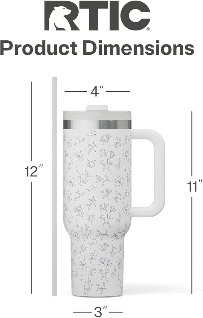 RTIC 40 oz Road Trip Tumbler Double-Walled Cermaic Lined Insulated Stainless Steel Portable Travel Coffee Mug Cup with Lid, Handle and Straw, White Magnolias