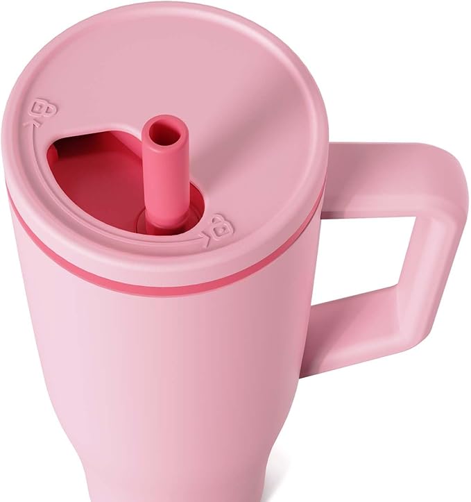 KISSKIND 40 oz Tumbler with Handle and Straw | Lumi Spin Hidden Straw 100% Leakproof Insulated Tumbler | Stainless Steel Water Bottle for Mom, Nurse, Teacher | Pink