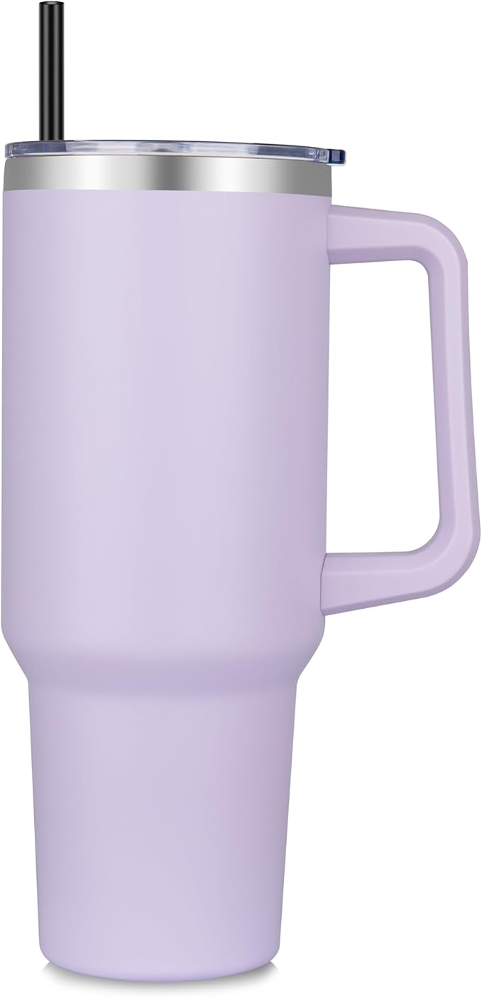 DOMICARE 40 oz Tumbler with Handle and Straw, Stainless Steel Tumbler with Lid and Straw, Reusable Vacuum Insulated Cup, Travel Coffee Mug, Lavender, 1Pack
