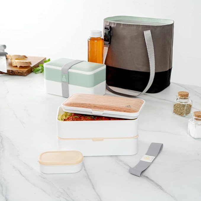 Restaurantware Bento Tek 40.5 Ounces Stackable Lunch Box 1 Reusable Adult Lunch Container - With Utensils Included Sauce Cup Wood Grain & White Plastic Layered Lunch Box Microwavable Dishwashable