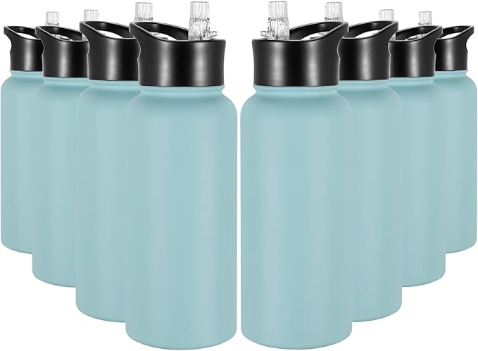 32 oz Insulated Water Bottle Bulk 8 Pack, Stainless Steel Sports Water Bottles with Straw Lid & Wide Mouth Lids, Double Walled Vacuum, Leak Proof, Turquoise Blue